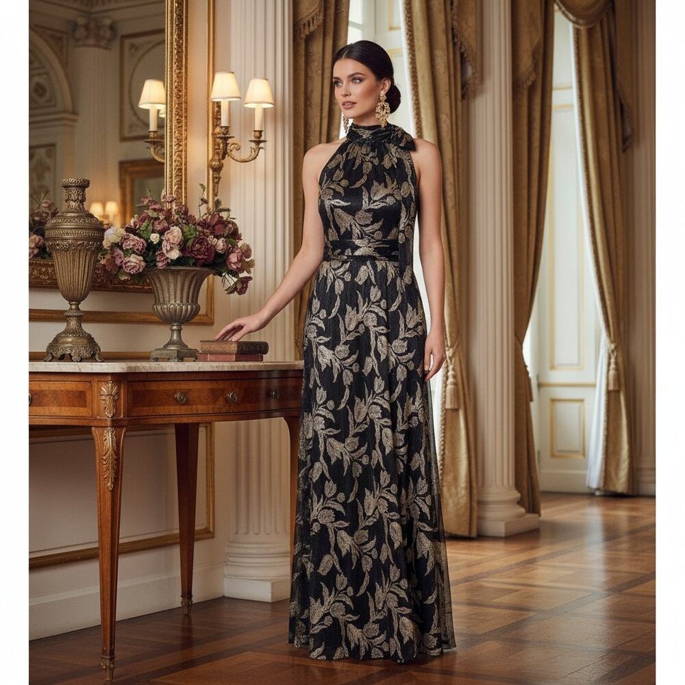 Betsy & Adam Women’s Metallic‑Print Long Formal Gown Black Gold Size 10 NWT